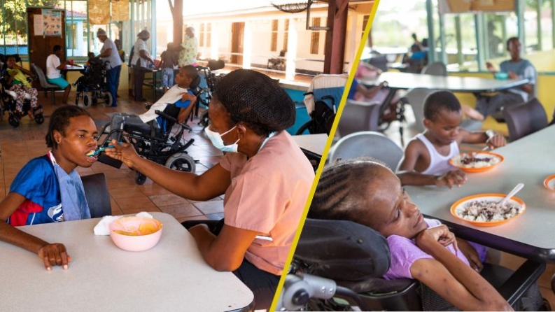 A caregiver spoon-feeds a resident. 